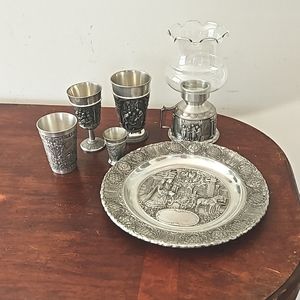 Vintage German Pewter Plate, Glasses and Candle Holder
